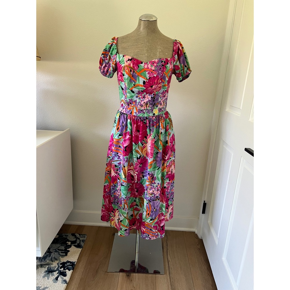 Jean Leslie Vintage 80s Floral Midi Dress Tropical Puff Sleeve w/ Pockets